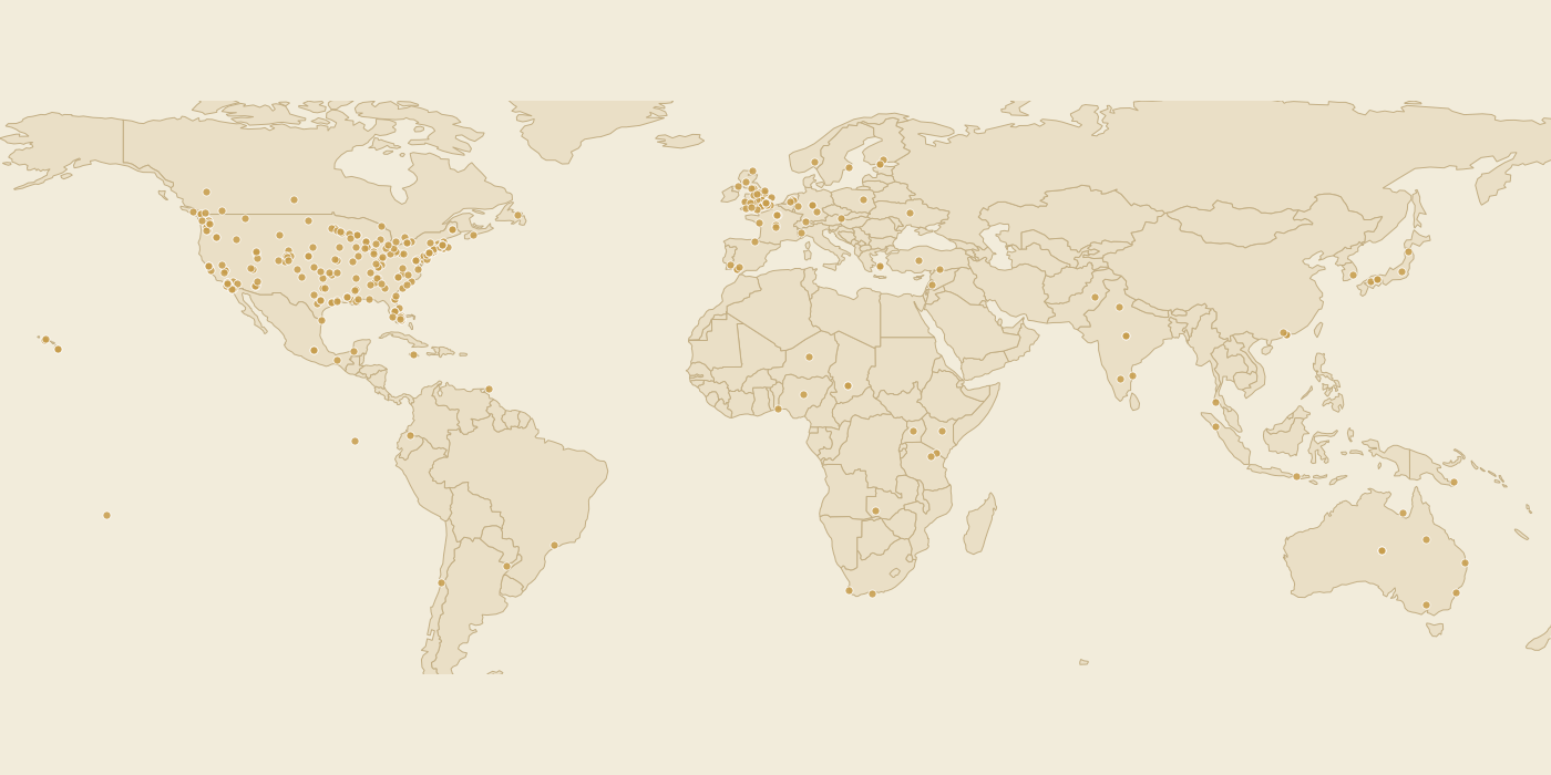 A world map with a honey dot for every good thing honeyletter has reported