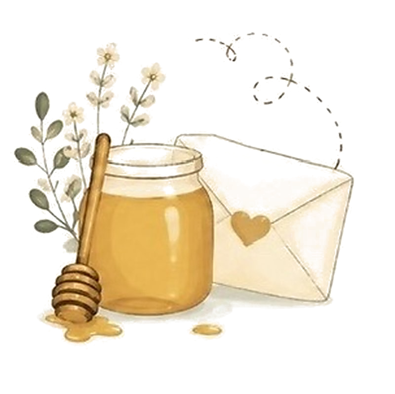 Honey jar with dipper, wildflowers, and a heart-sealed envelope