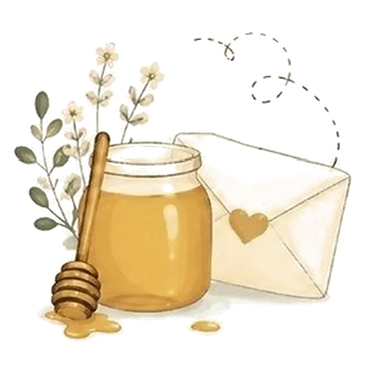 Honey jar with dipper, wildflowers, and a heart-sealed envelope